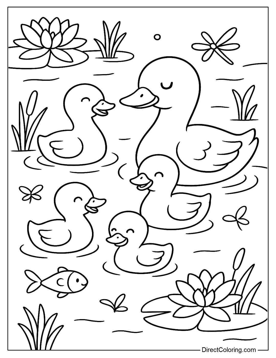 Coloring page A family of ducks swimming in a pond, with water lilies, small fish and dragonflies